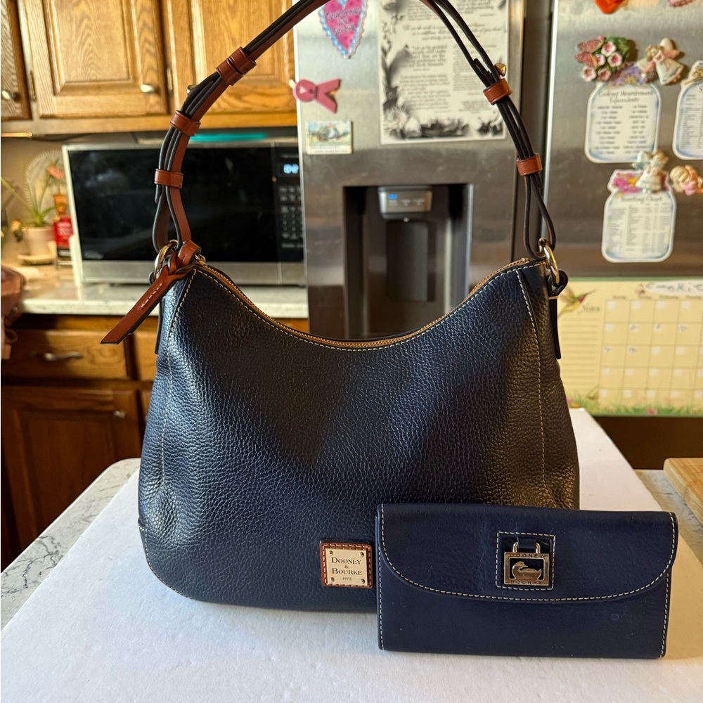 DB Dark Blue Leather Hobo Shoulderbag with DB Blue Leather Trifold Clutch